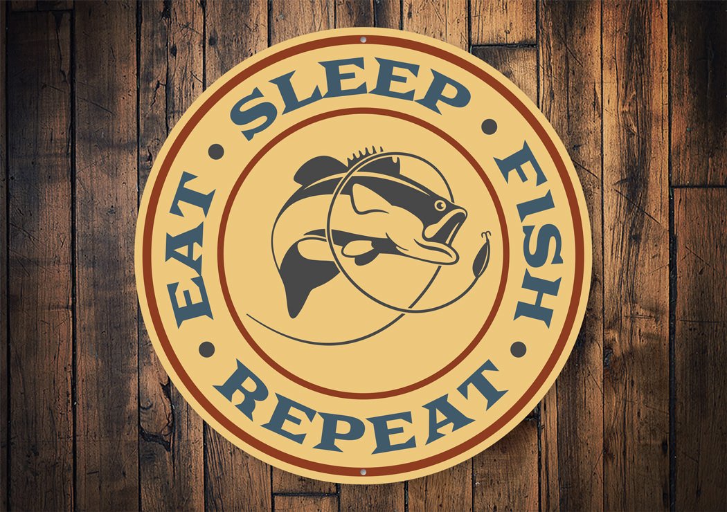 eat sleep fish repeat metal wall sign for lake house cabin or man cave made from rust resistant aluminum with pre drilled holes funny fishing decor gift for anglers customizable with free text option
