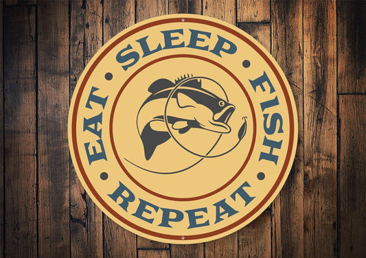eat sleep fish repeat metal wall sign for lake house cabin or man cave made from rust resistant aluminum with pre drilled holes funny fishing decor gift for anglers customizable with free text option