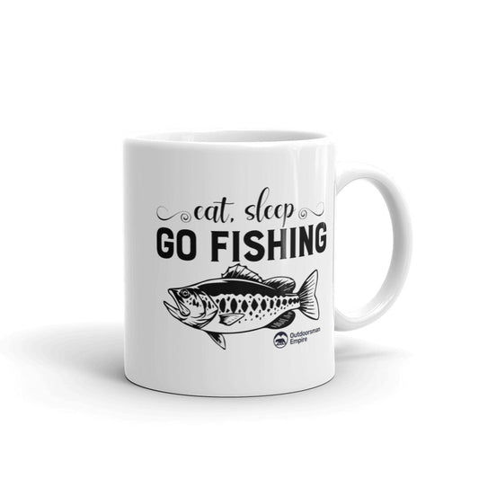 Eat Sleep Go Fishing 11oz ceramic mug with bold UV-printed design. Durable, fade-resistant, and perfect for anglers—ideal for morning coffee or outdoor adventures.