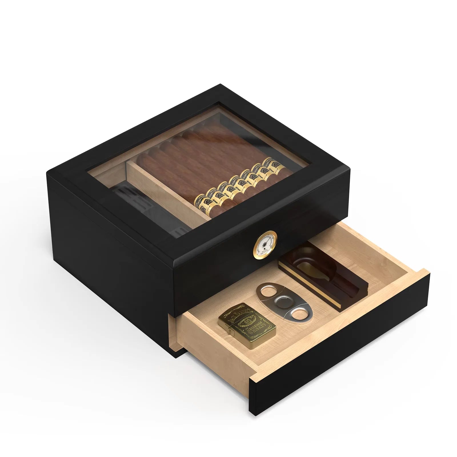 Elegant cigar humidor with glass top, mechanical hygrometer, walnut wood finish, and included humidifier; perfect for stylish cigar storage and display.