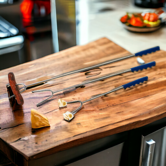 extendable roasting stick for campfire cooking telescoping stainless steel fork extends up to 24 inches with heat resistant rubber handle perfect for smores hot dogs sausages and backyard bonfires made in the usa