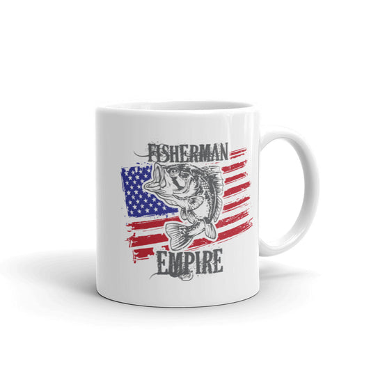 Fisherman American Empire 11oz ceramic mug with patriotic UV-printed design. Durable, fade-resistant coffee mug for anglers who love fishing and freedom—perfect for lake mornings or garage nights.