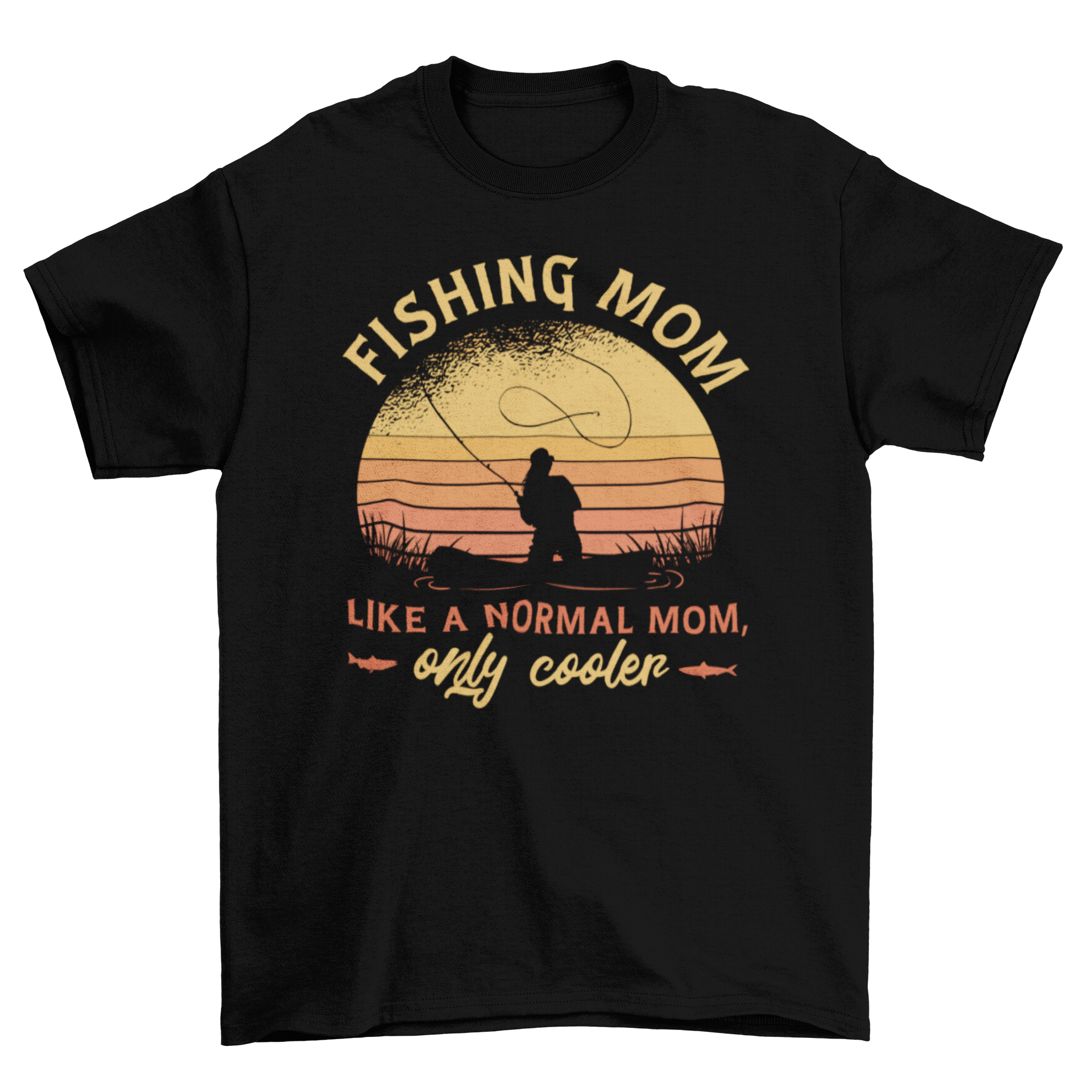 “Fishin’ Mom – Like a Normal Mom, Only Cooler” t-shirt with woman fishing graphic; soft cotton, comfortable fit, perfect gift for outdoorsy and fishing-loving moms.