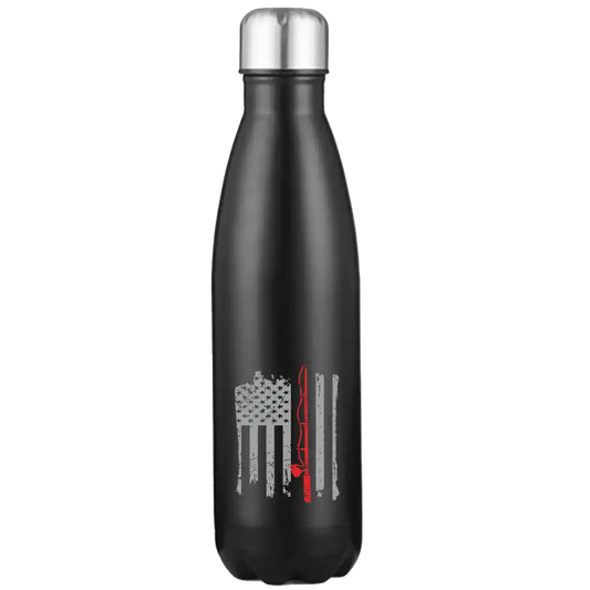 Stainless steel water bottle with patriotic fishing rod and American flag design