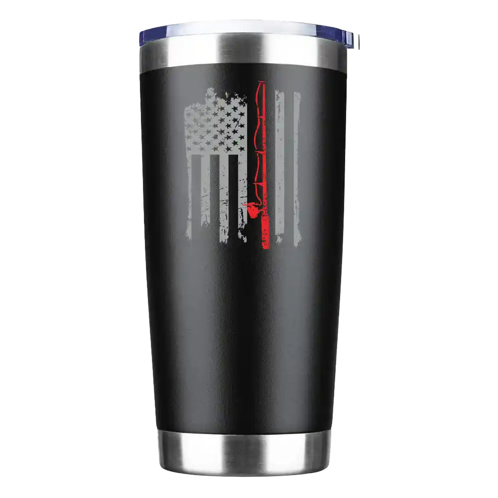 20oz stainless steel tumbler with fishing rod and American flag design, vacuum insulated with splash-proof lid, perfect for hot or cold drinks.