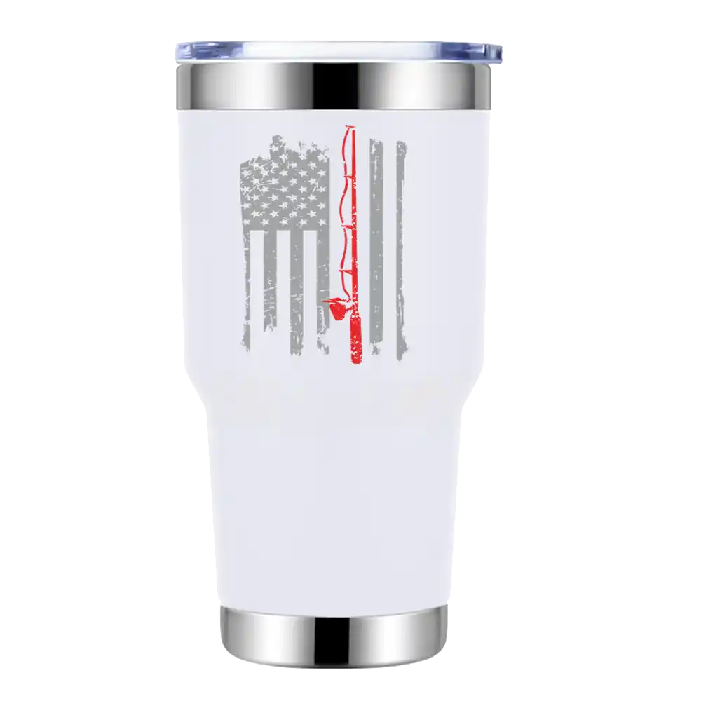 30oz insulated stainless steel tumbler with American flag and fishing rod design, featuring double-wall vacuum insulation and splash-proof lid—perfect for hot or cold drinks on the go.