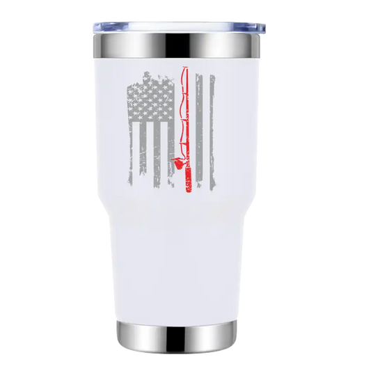 Fishing Rod American Flag 30oz Insulated Tumbler – Patriotic Stainless Steel Travel Mug for Hot &amp; Cold Drinks