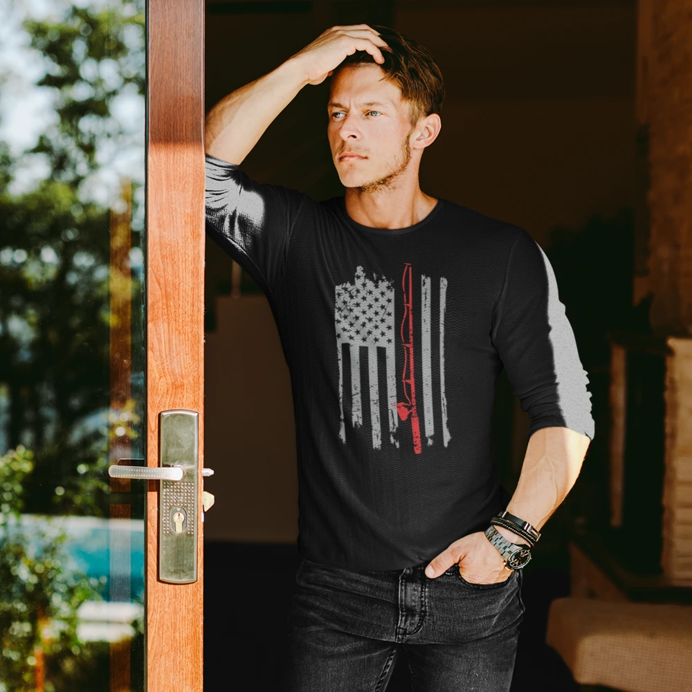Fishing Rod American Flag Long Sleeve Shirt for Men – Patriotic Style for Anglers