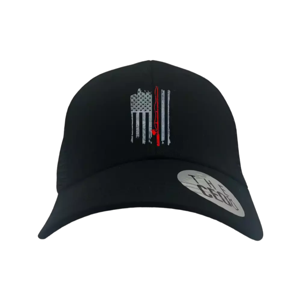 Patriotic trucker hat with embroidered fishing rod and American flag design