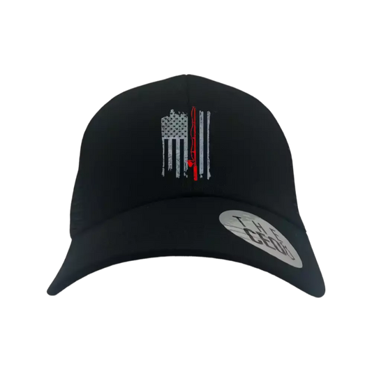 Patriotic trucker hat with embroidered fishing rod and American flag design