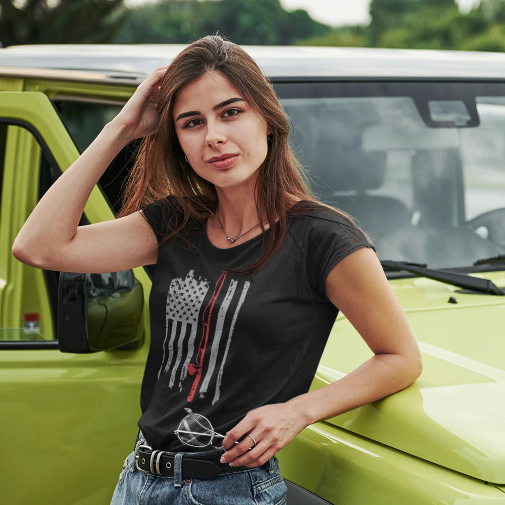 Fishing Rod American Flag T-Shirt for Women – Patriotic Fishing Tee