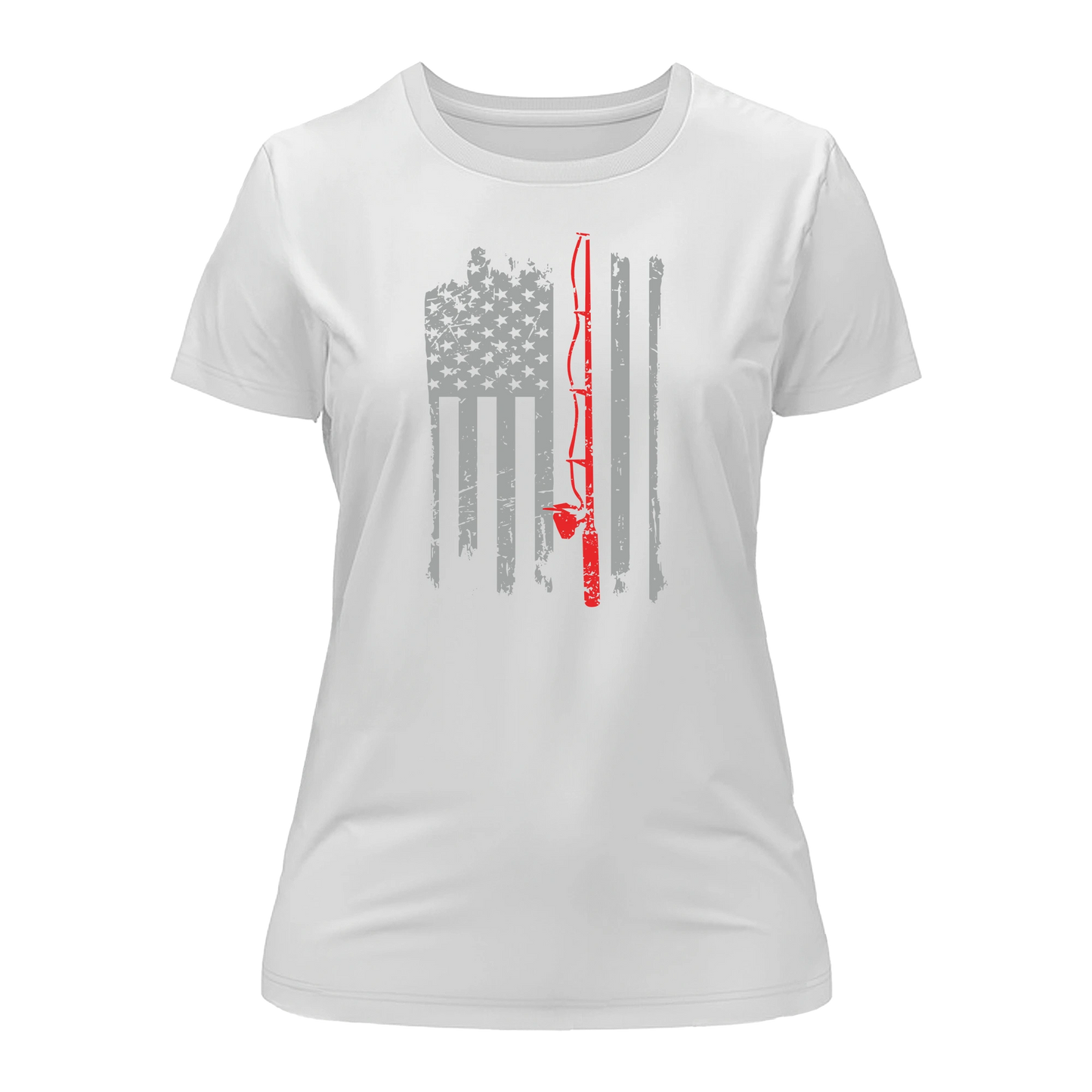 Women’s t-shirt featuring a fishing rod and American flag graphic, made from soft ringspun cotton with a flattering semi-fitted cut—perfect for patriotic female anglers and outdoor adventures.