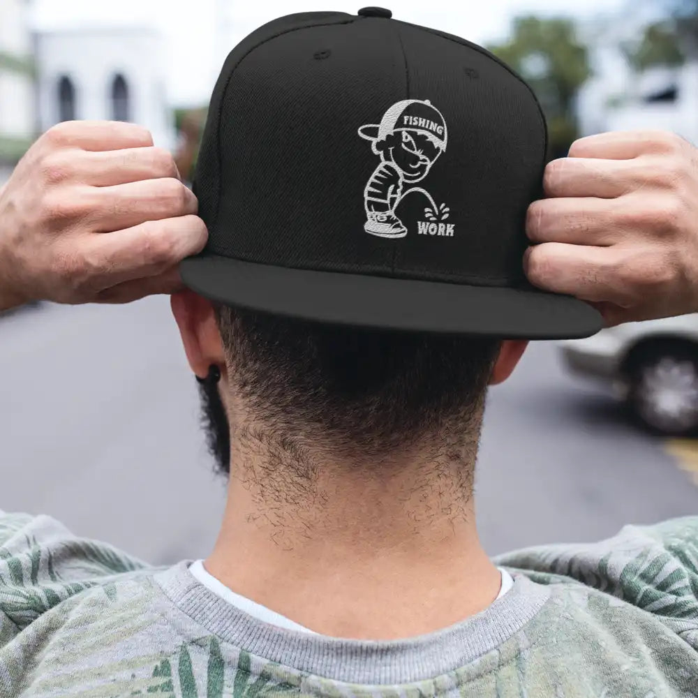 Fishing and Work Embroidered Flat Bill Cap – Snapback, Cotton Twill