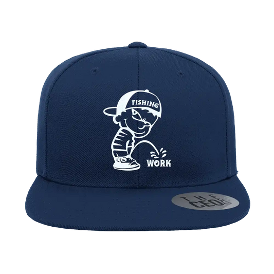 Fishing and Work' embroidered flat bill cap made from 100% cotton twill. Features five-panel high-profile structure, green under visor, snapback closure, and breathable sewn eyelets
