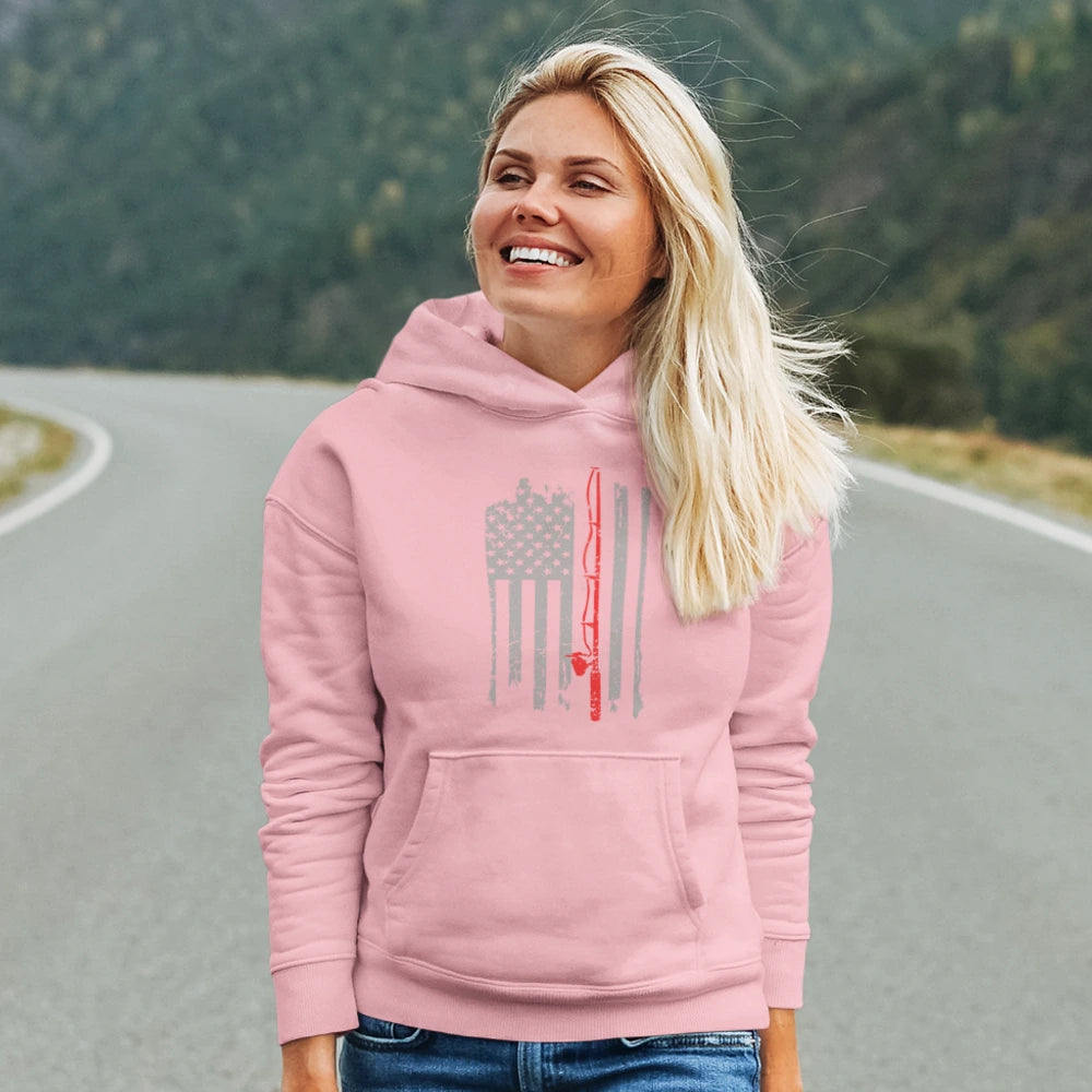 Fishing Rod American Flag Hoodie – Unisex Patriotic Fishing Sweatshirt