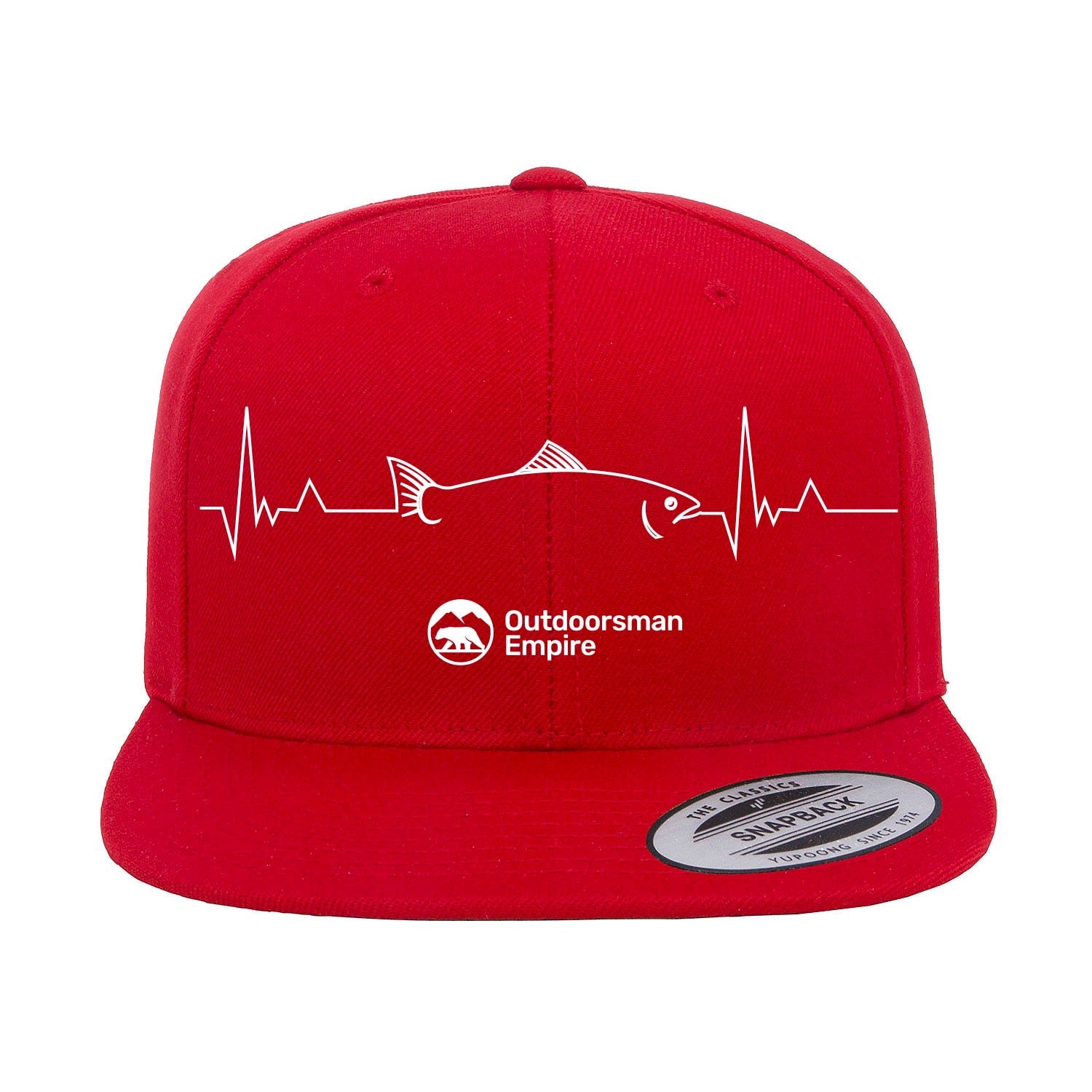 Embroidered flat bill cap with fishing cardiogram design, made from 100% cotton twill. Features five-panel high-profile build, green under visor, snapback closure, and sewn eyelets for breathability.