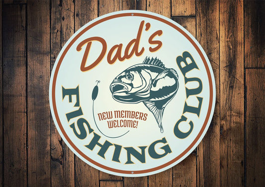 “Fishing Club New Members Welcome” metal sign made from rust-resistant aluminum, with pre-drilled holes—ideal personalized wall décor for lake houses, docks, cabins, or fishing lodges.