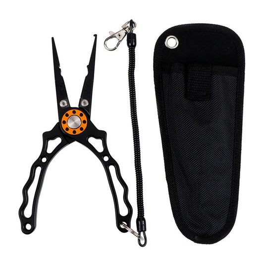 multifunctional fishing pliers with hollow aluminum handle tungsten steel blade for cutting line hook removal and crimping includes carry bag hand strap and mouth sleeve durable stainless steel build
