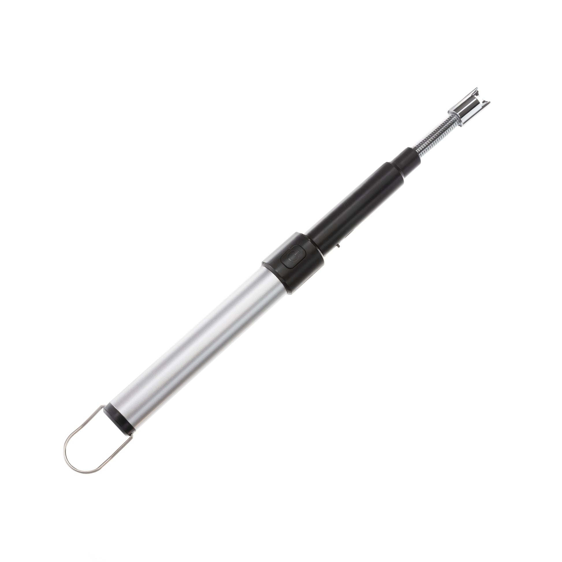 Silver flameless extendable electric lighter with USB recharge, telescopic rod, 360° flexible neck, and windproof arc flame—perfect for candles, grills, and outdoor use.