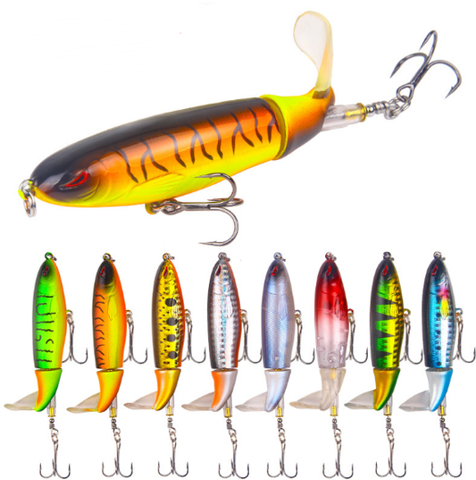 Floating water pencil fishing lure with propeller design, available in 10cm and 14cm sizes. Weighs 13g, comes in 8 vibrant colors. Ideal for fresh and saltwater fishing with realistic movement.