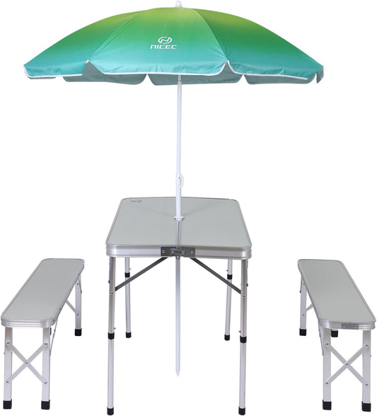 Folding picnic table set with benches and adjustable umbrella, designed for camping, picnics, BBQs, and outdoor gatherings. Lightweight and portable aluminum frame with compact foldable design for easy transport and storage. Includes UV-protective umbrella and two benches stored inside table.