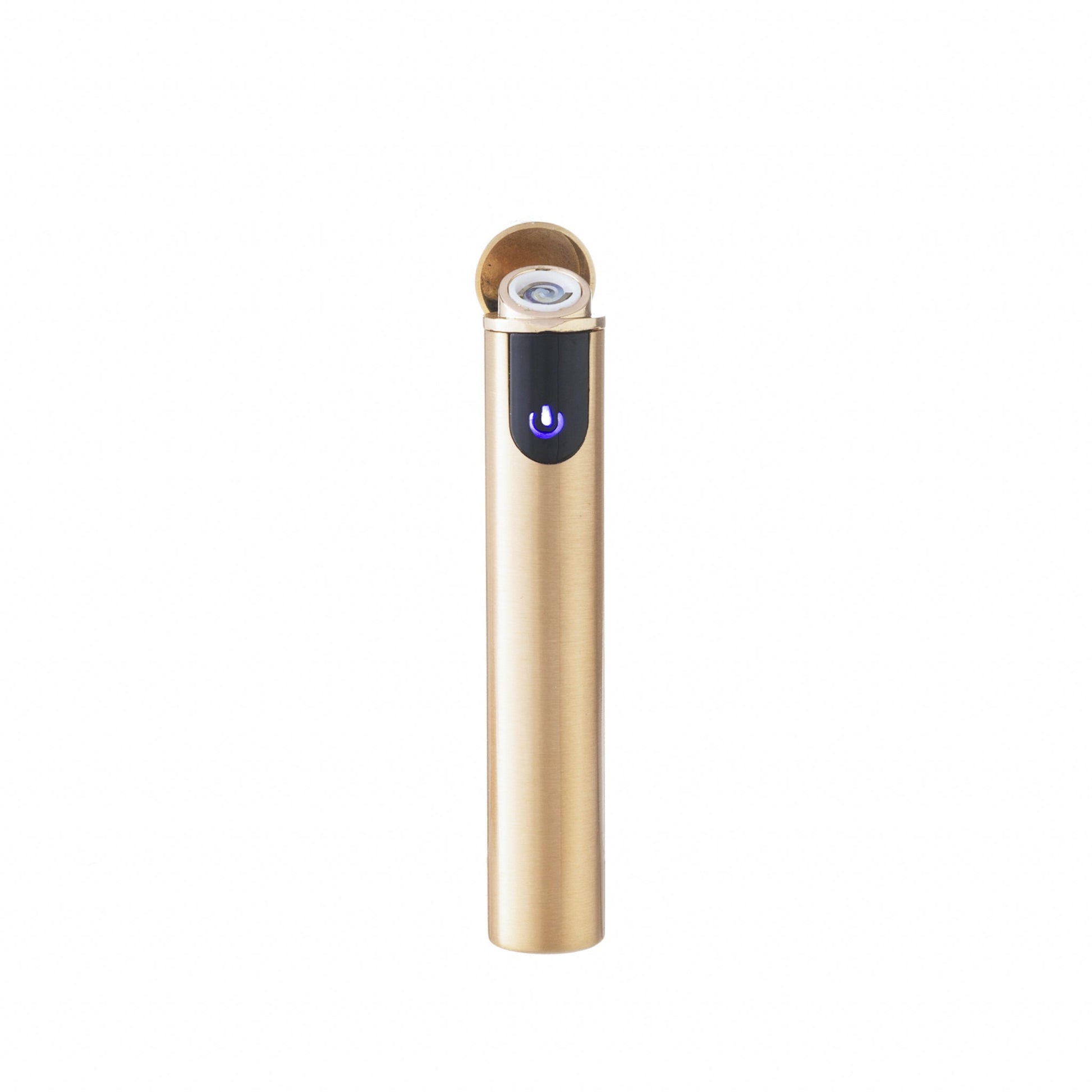 Gold USB rechargeable flameless cylinder lighter with touch-activated ignition, windproof design, and LED battery indicator; compact and eco-friendly for travel or everyday use.