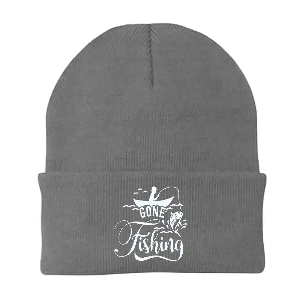 Gone Fishing embroidered beanie made from soft cotton-acrylic blend. Snug, breathable fit with one-size-fits-most design—perfect for cool-weather outdoor adventures.