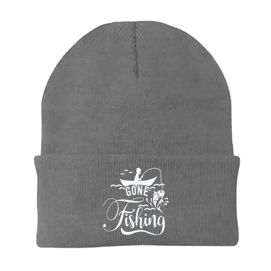 Gone Fishing embroidered beanie made from soft cotton-acrylic blend. Snug, breathable fit with one-size-fits-most design—perfect for cool-weather outdoor adventures.