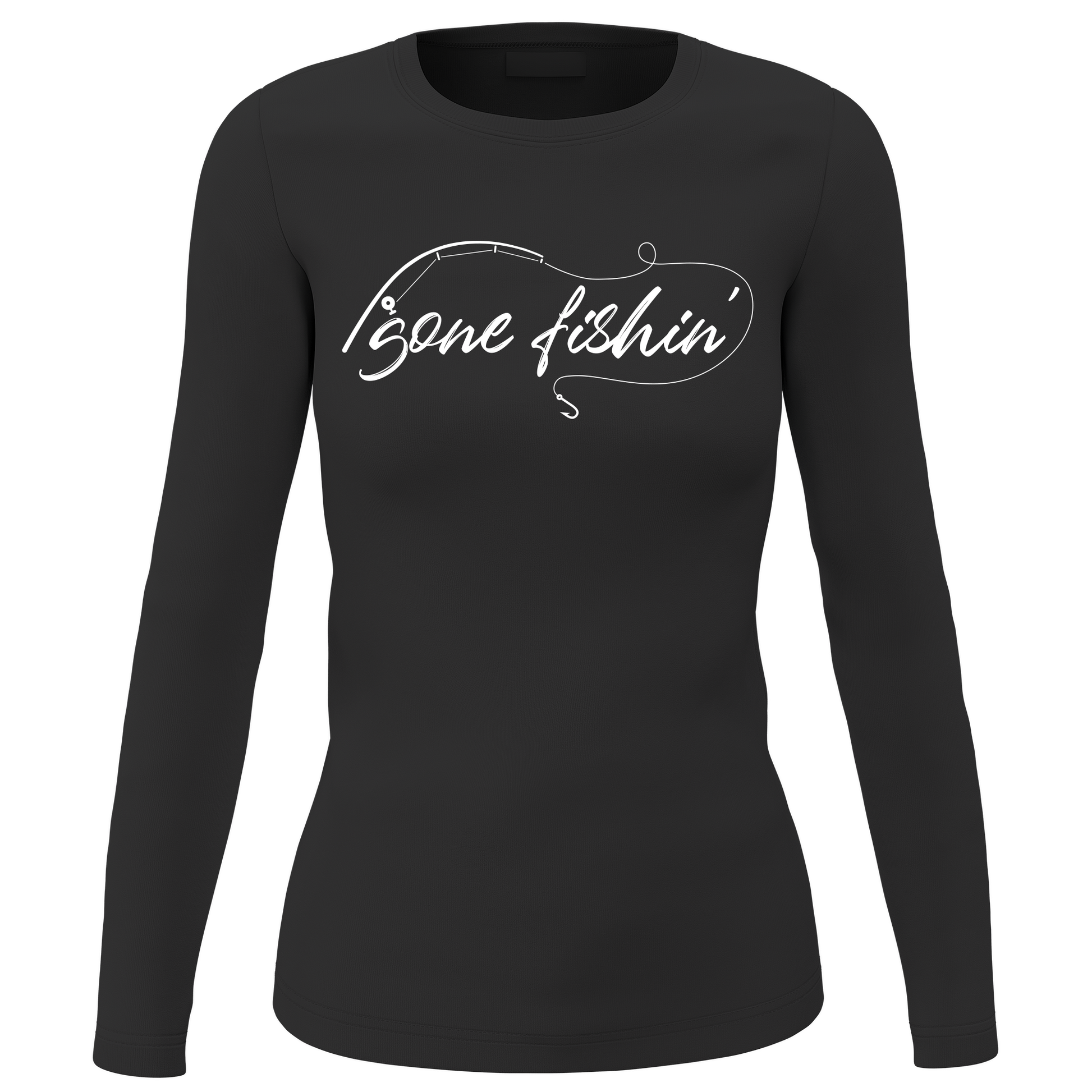 Women’s long sleeve shirt with “Gone Fishing” rod graphic, made from soft preshrunk cotton; semi-fitted outdoor tee perfect for anglers, boat days, and cool weather comfort.