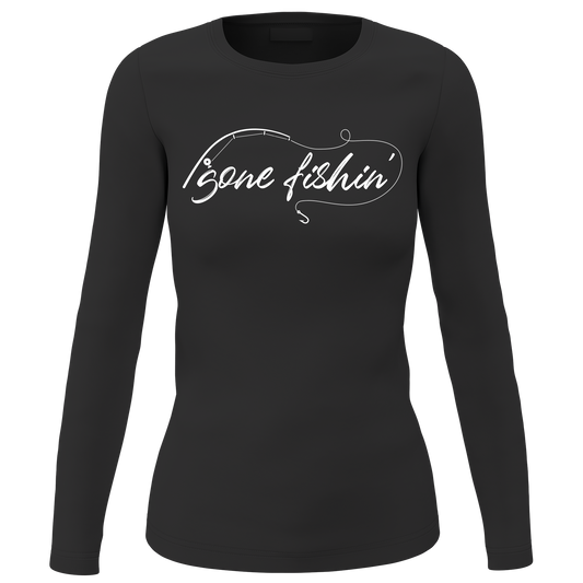 Women’s long sleeve shirt with “Gone Fishing” rod graphic, made from soft preshrunk cotton; semi-fitted outdoor tee perfect for anglers, boat days, and cool weather comfort.