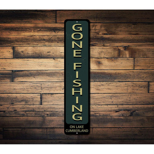 Gone Fishing vertical metal sign made from rust-resistant aluminum, with customizable text and pre-drilled holes—perfect rustic wall decor for cabins, lake houses, and fishing spaces.