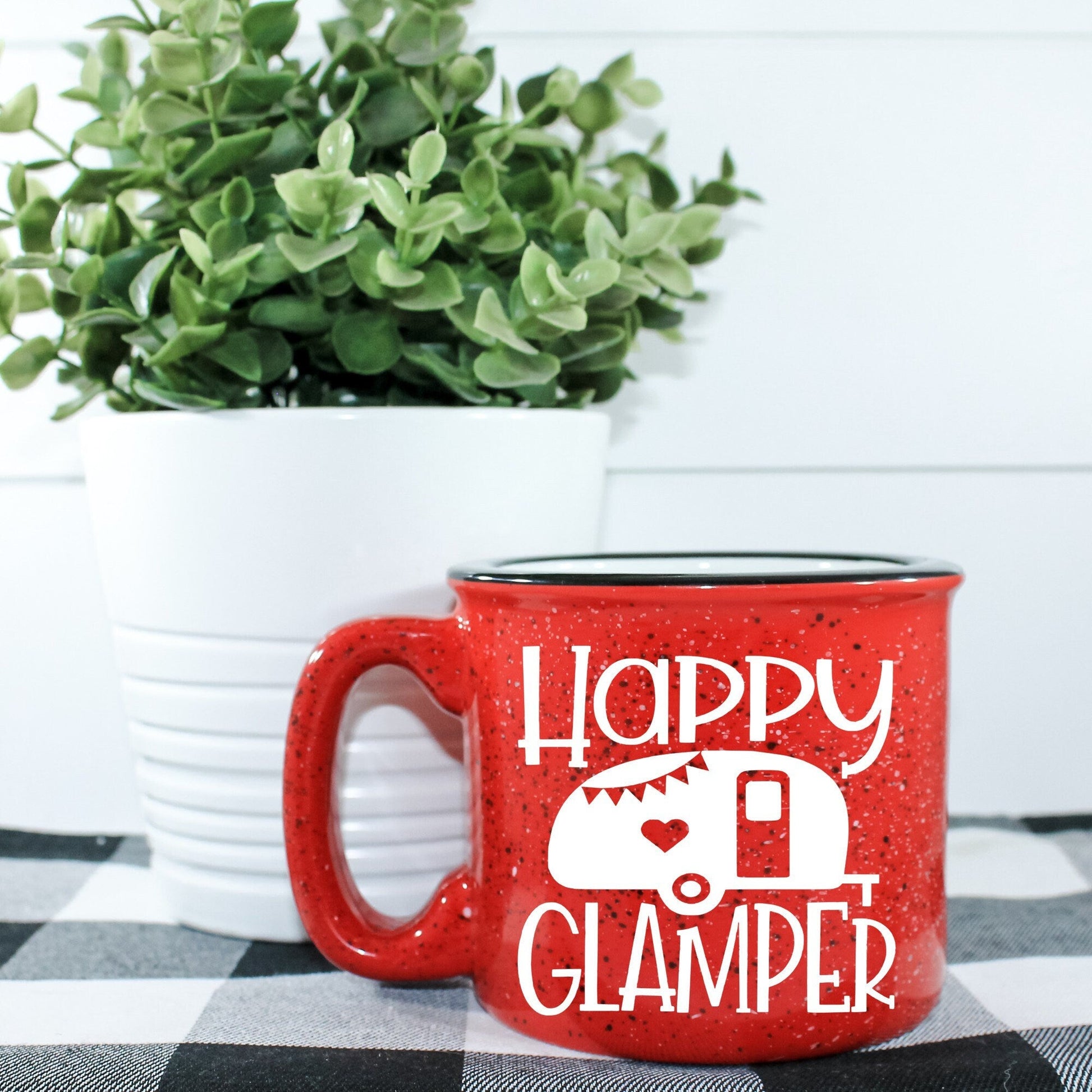 15oz ceramic “Happy Glamper” campfire mug, microwave safe and perfect for RV lovers, glamping enthusiasts, and outdoor coffee moments.