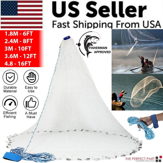Durable monofilament nylon cast net with galvanized zinc sinkers and 26ft braided hand rope. Available in 6ft to 16ft sizes with 0.47" mesh—ideal for catching bait fish in freshwater or saltwater