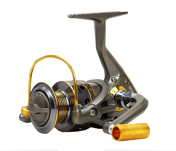 10-axis metal fishing reel with folding aluminum handle, available in sizes 1000 to 7000. Features durable plastic body, metal wire cup, and smooth retrieval for freshwater and saltwater fishing.