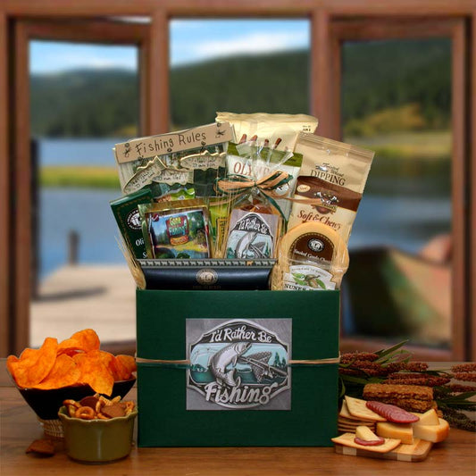 I'd Rather Be Fishing Gift Box featuring vintage-style creel basket filled with snacks, coffee, and fishing-themed keepsake, wrapped in cellophane with a bow.