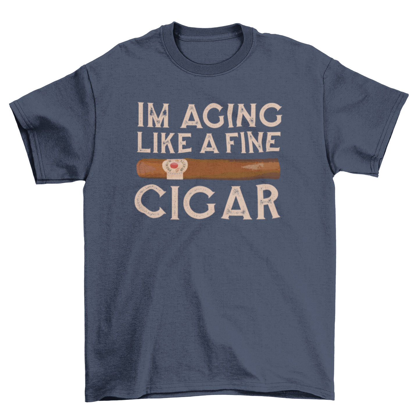 Vintage-style “I’m Aging Like a Fine Cigar” t-shirt with retro cigar graphic and bold typography; soft unisex fit, perfect gift for cigar lovers with a sense of humor.