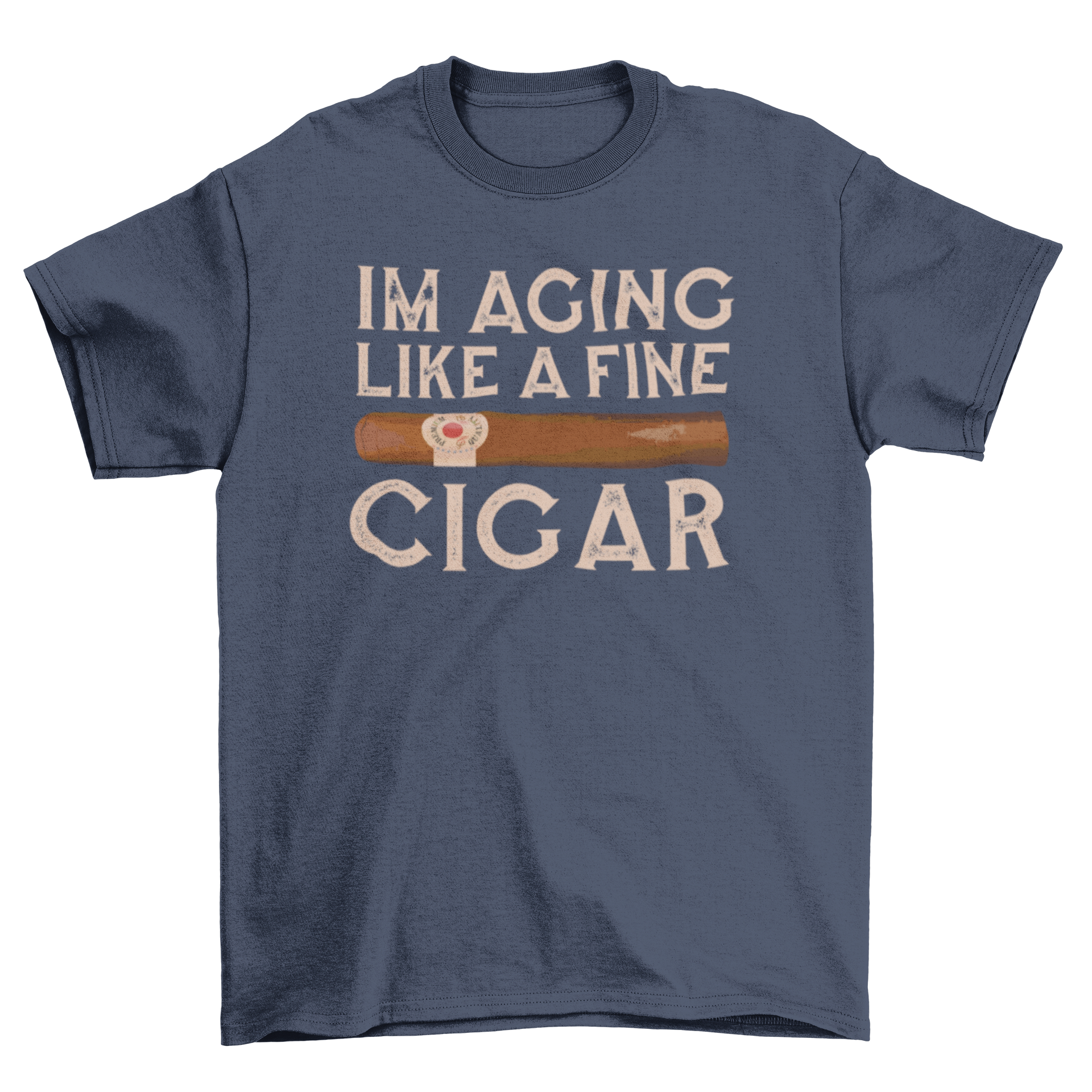 Vintage-style “I’m Aging Like a Fine Cigar” t-shirt with retro cigar graphic and bold typography; soft unisex fit, perfect gift for cigar lovers with a sense of humor.