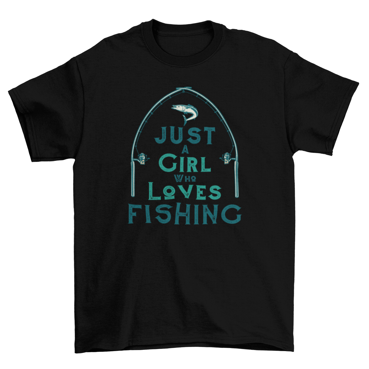 “Just a Girl Who Loves Fishing” women’s t-shirt featuring fishing pole arch, fish graphic, and bold quote; soft cotton blend—perfect for female anglers and outdoor adventures.