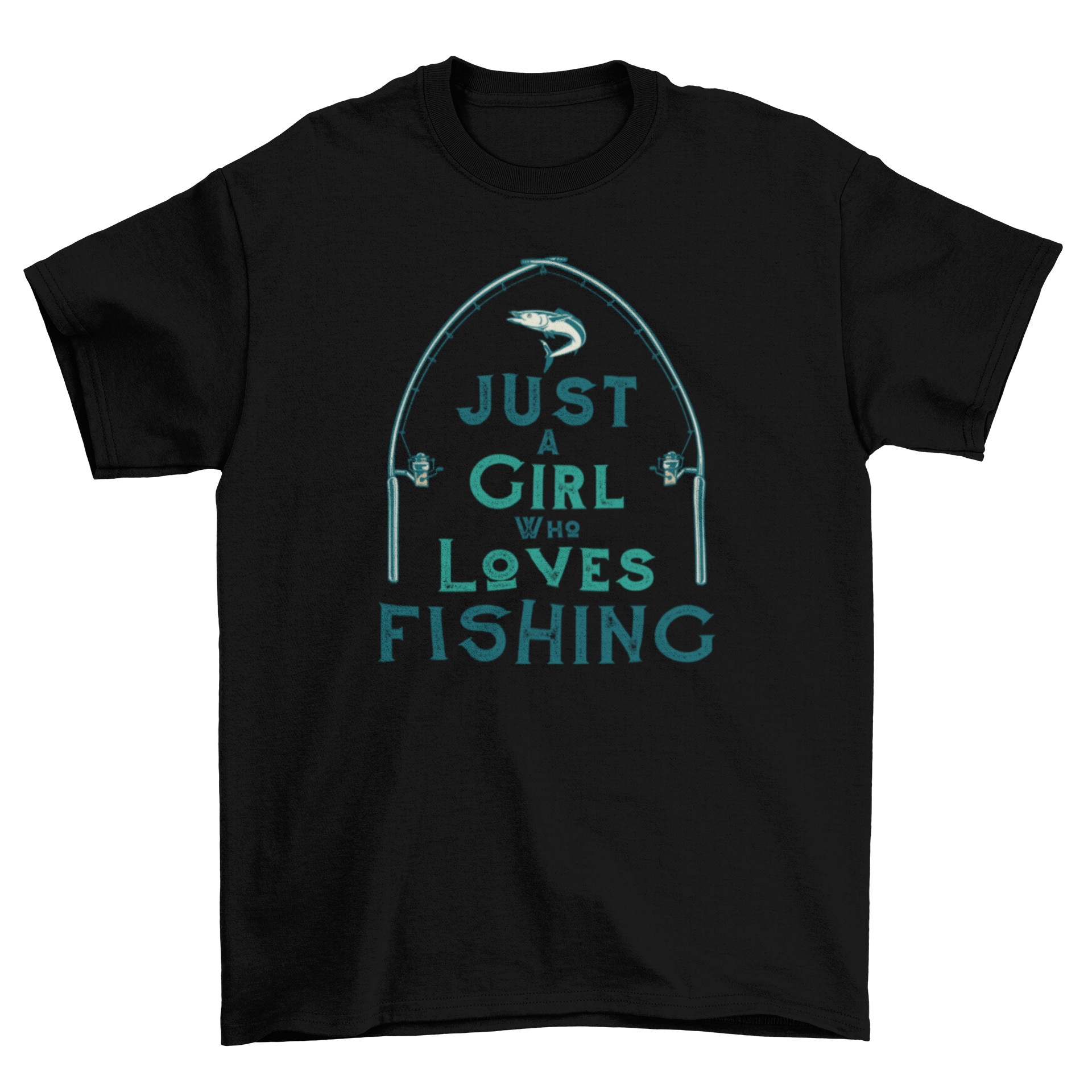 “Just a Girl Who Loves Fishing” women’s t-shirt featuring fishing pole arch, fish graphic, and bold quote; soft cotton blend—perfect for female anglers and outdoor adventures.