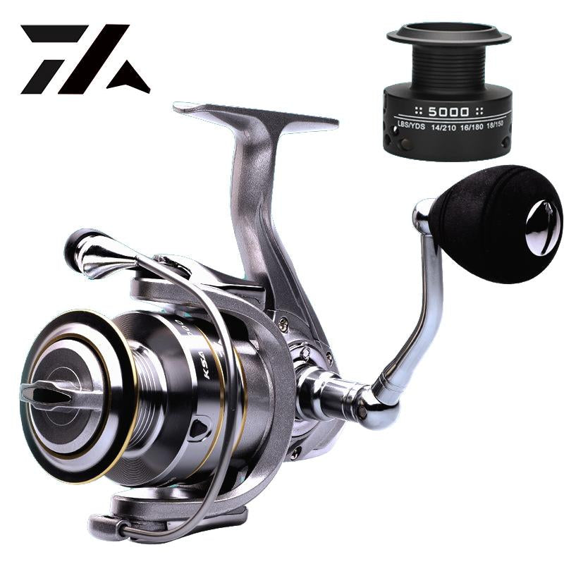 2019 KSA Series high-performance spinning reel with 14+1 ball bearings, silver finish, and double spool design. Available in sizes 1000–7000 for saltwater, freshwater, ice, and fly fishing.