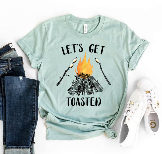 lets get toasted t shirt for campers and outdoor lovers premium ring spun cotton with durable campfire graphic unisex modern fit ideal for bbqs bonfires and smores nights eco friendly and made in the usa