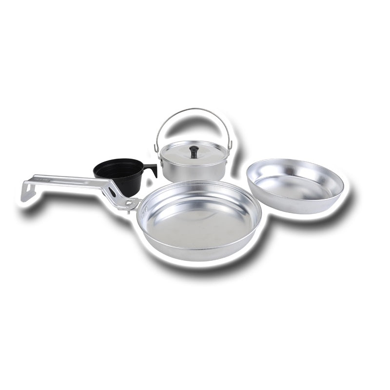 Lightweight aluminum camping cookware set with nested frying pan pot and BBQ pan perfect for hiking backpacking and outdoor cooking