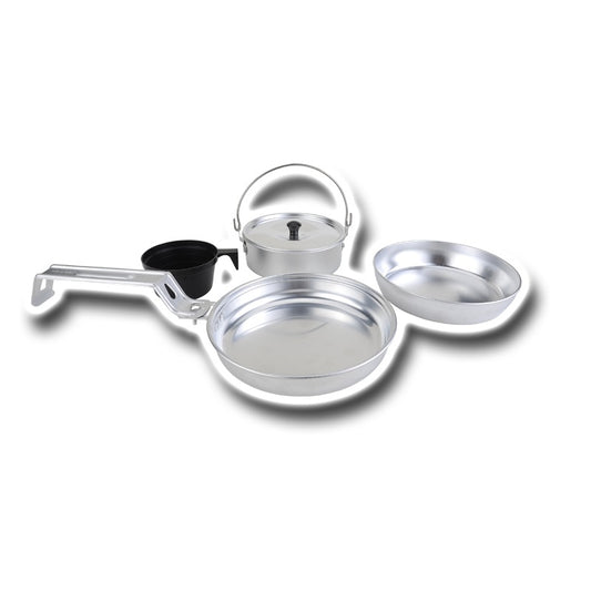 Lightweight aluminum camping cookware set with nested frying pan pot and BBQ pan perfect for hiking backpacking and outdoor cooking