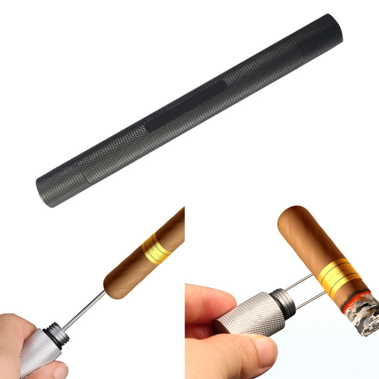 Lightweight serrated cigar needle dredger tool with aluminum alloy body and stainless steel dual-tip design. Clears blockages and improves airflow for a smoother cigar draw. Non-slip grip with heat-resistant end cap.