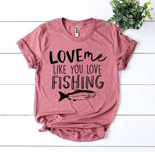 “Love Me Like You Love Fishing” unisex Bella+Canvas t-shirt made from soft ring-spun cotton, with a bold graphic—perfect gift for fishing couples and outdoorsy partners.
