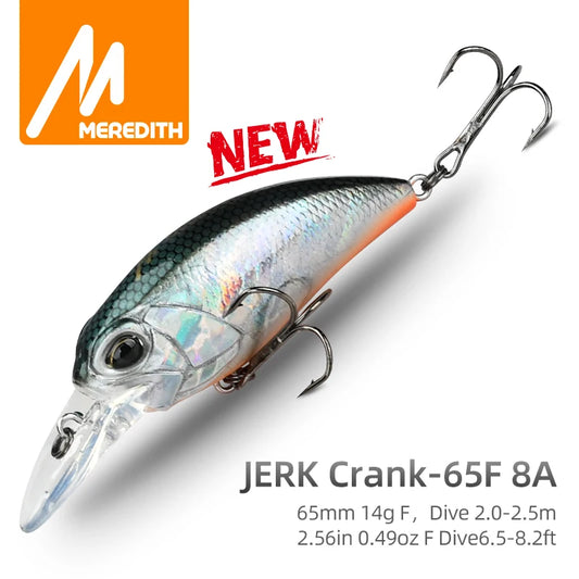 MEREDITH M65 floating fishing lure with 3D eyes, hand-painted finish, and 14g weight. Dives to 2.0–2.5m depth, ideal for saltwater and freshwater fishing with realistic swimming action