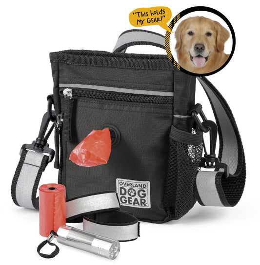 mobile dog gear day night walk bag reflective dog travel bag with storage for leash treats waste bags and water bottle includes flashlight and wristbands durable water resistant crossbody or waist wear for walks hikes and outdoor adventures
