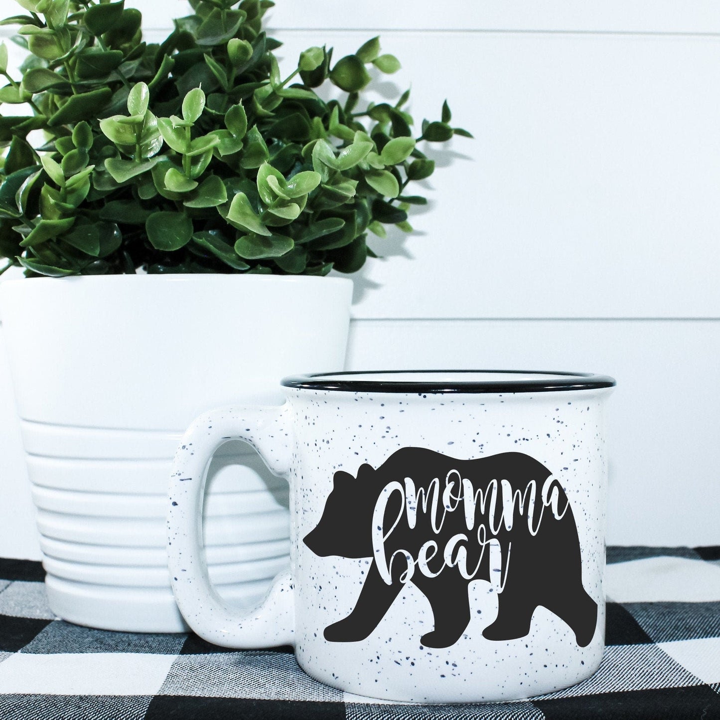 15oz ceramic “Momma Bear” campfire mug with durable vinyl design, microwave safe—perfect for camping moms and cozy outdoor coffee moments.