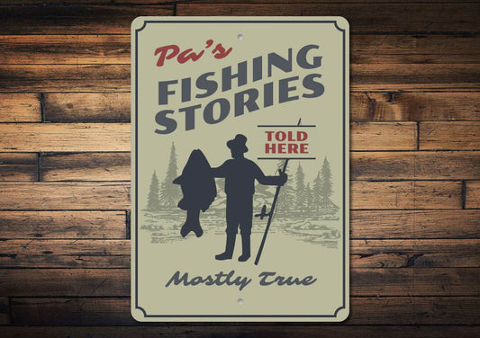 Rustic “Pa’s Fishing Stories” metal sign made of durable aluminum with customizable text; perfect wall décor for lake houses, cabins, porches, or man caves.