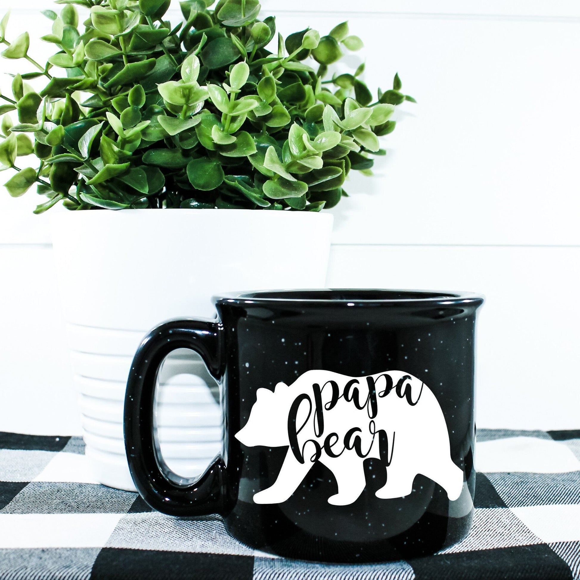 15oz ceramic “Papa Bear” campfire-style mug with outdoor vinyl design, microwave safe and perfect for camping dads and outdoor coffee lovers.